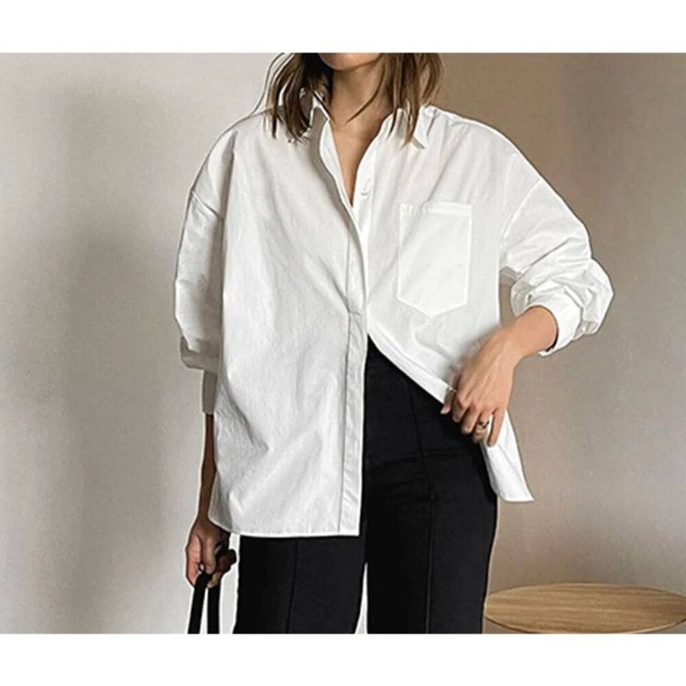 NWT Commense Womens Beige Button-Up Shirt With Pockets Size Small